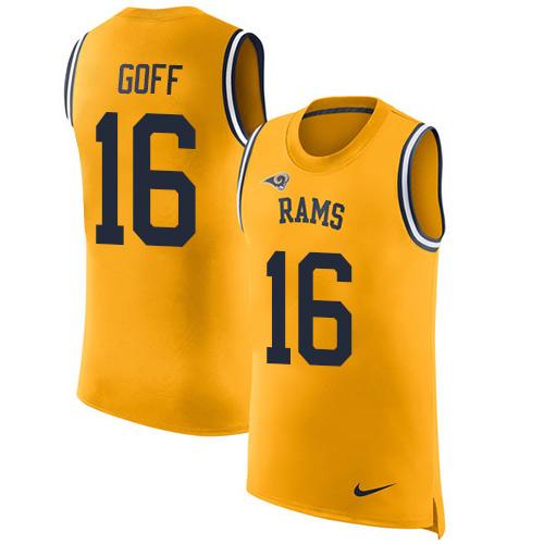 Nike Rams #16 Jared Goff Gold Men's Stitched NFL Limited Rush Tank Top Jersey - Click Image to Close